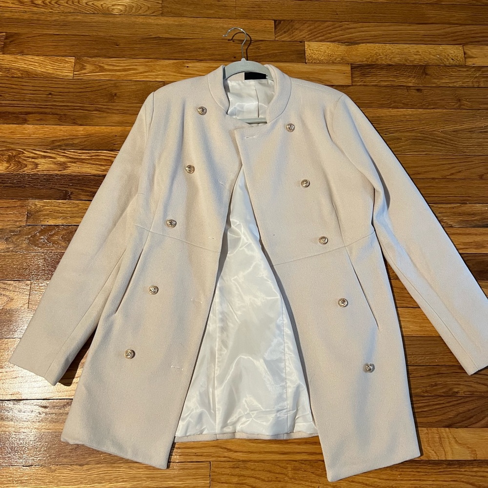 Vici cream colored long jacket with gold buttons size small